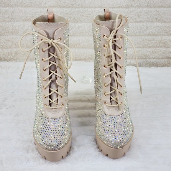 Barri Nude Rhinestone Chunky Heel Platform Ankle Boots - Picture 11 of 15